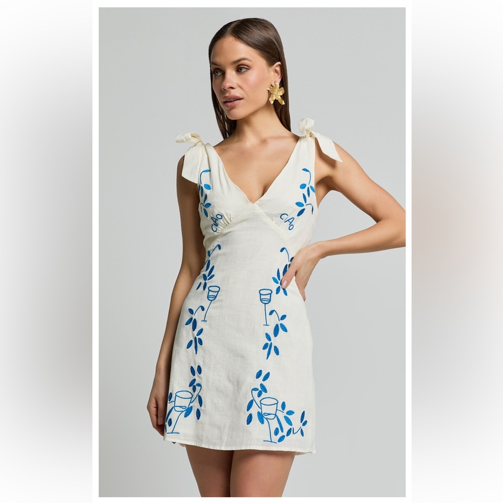 Showpo Cream Mini Dress with Blue Floral Embroidery